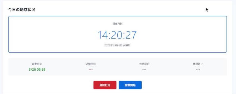 キンログの打刻画面。現在時刻と出勤時刻が表示され、退勤打刻と休憩開始のボタンが並んでいる。